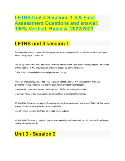 LETRS Unit 1 Assessment Questions And Answers Document Language English Subject Health Care Updated On Sep 30,2022 Number of Pages 8 Type Exam Written 2022-2023 Seller Details Beginner Ellena 2407 documents uploaded 127 documents sold Send Message Follow Reviews received 0 0 0 0 1 Recommended documents View all recommended documents 14. . Letrs unit 1 session 1 assessment answers